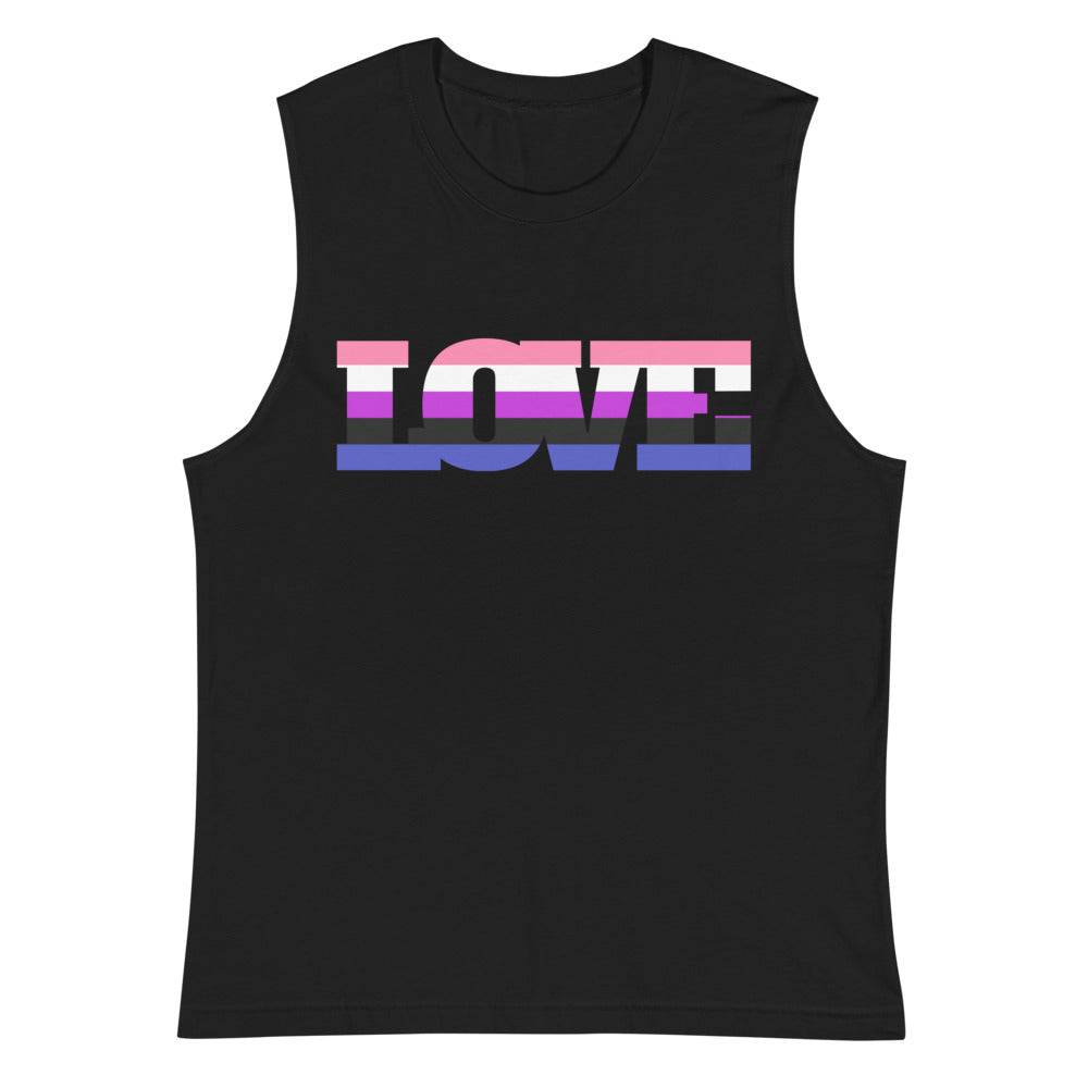 Front view of a black muscle tank top with “LOVE” in pink, white, and blue stripes