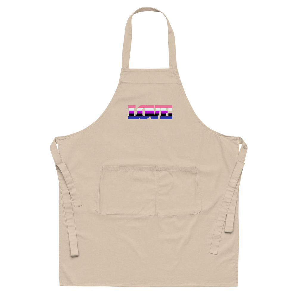Front view of a beige bib apron with neck loop, waist ties, pocket, and colorful LOVE graphic