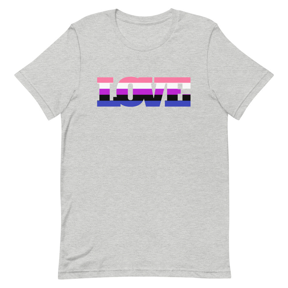 Front view of a gray T-shirt with “LOVE” in pink, white, purple, black, and blue stripes