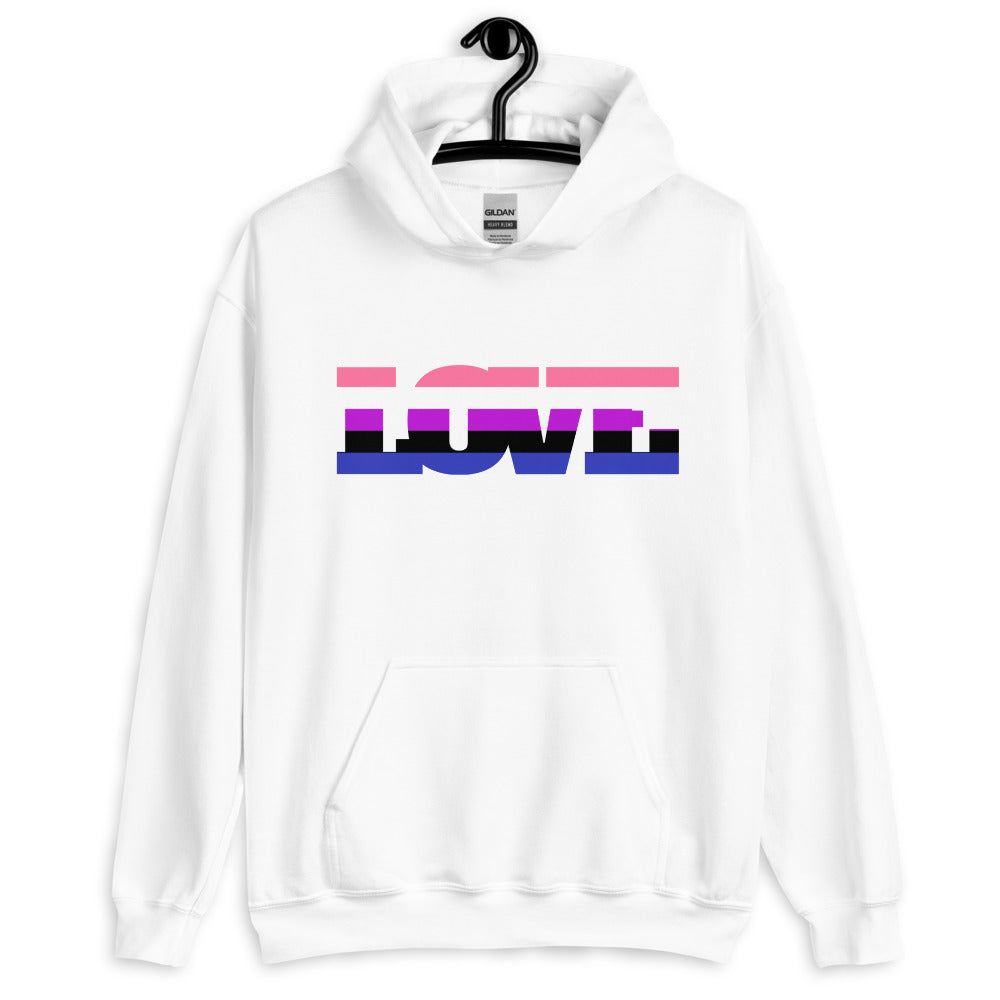 Front view of a white hoodie on a hanger with a pink, purple, black, and blue graphic