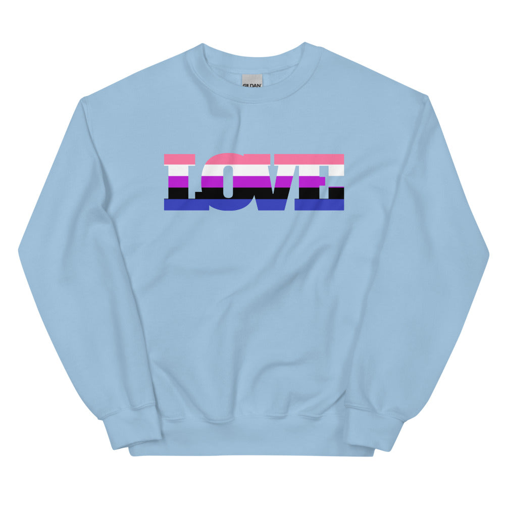Front view of a light blue sweatshirt with a multicolor genderfluid flag graphic and LOVE lettering