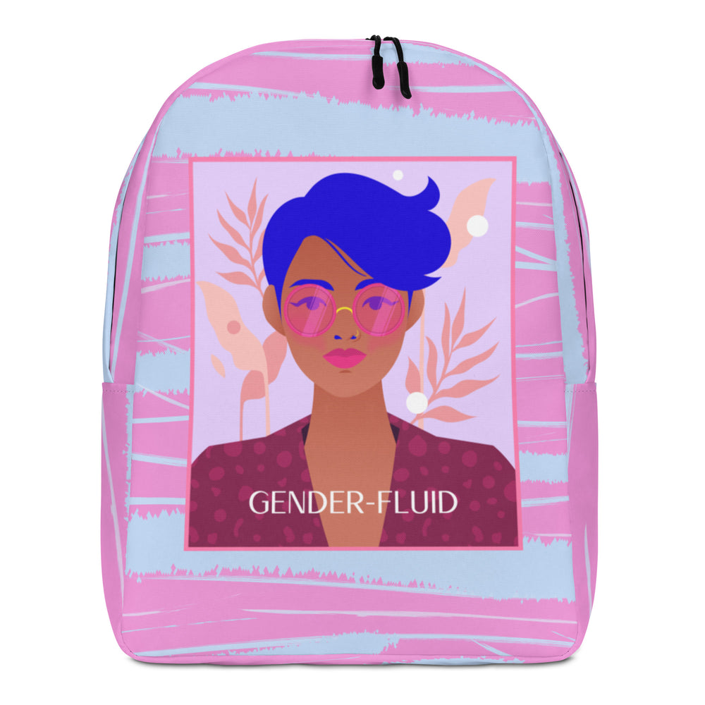 Front-facing pink and light-blue backpack with a gender-fluid portrait and “GENDER-FLUID” text