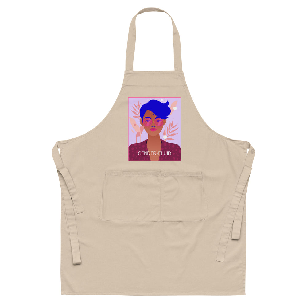 Front-facing beige apron with neck strap, waist ties, pocket, and a gender-fluid portrait graphic