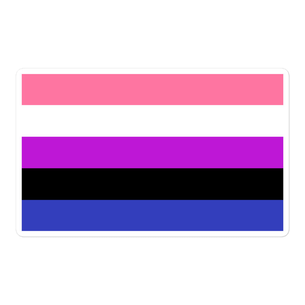 Rectangular genderfluid pride flag sticker with pink, white, purple, black, and blue stripes