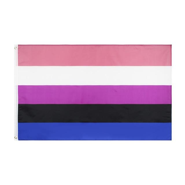 Genderfluid pride flag with pink, white, purple, black, and blue horizontal stripes