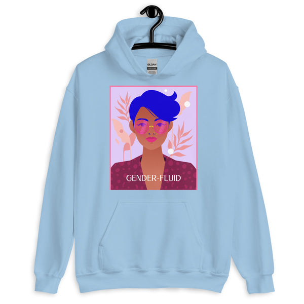 Light blue pullover hoodie with a portrait graphic and “GENDER-FLUID” text