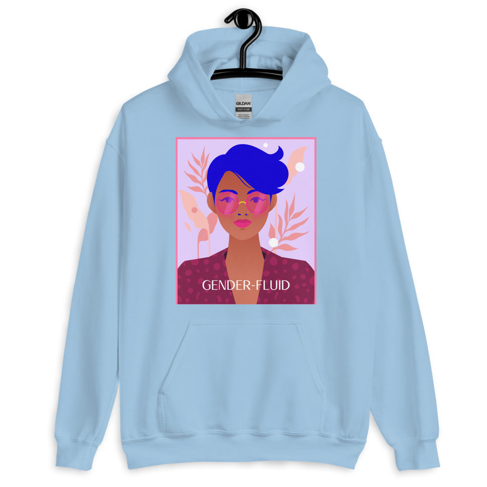 Light blue pullover hoodie with a portrait graphic and “GENDER-FLUID” text