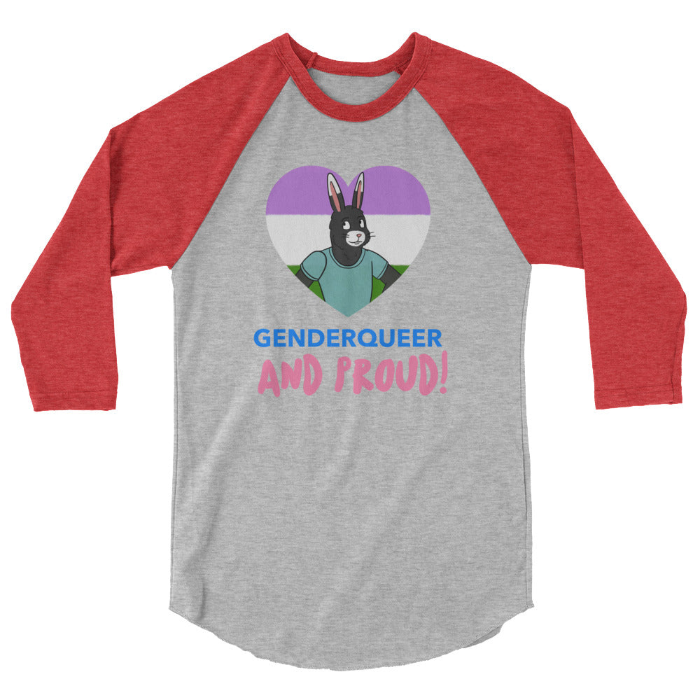 Gray and red raglan shirt with a bunny in a genderqueer flag heart and “GENDERQUEER AND PROUD!”