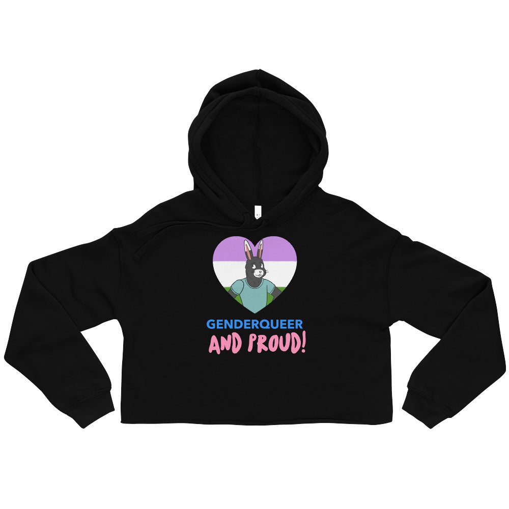 Front view of a black cropped hoodie reading “GENDERQUEER AND PROUD!” with a heart graphic