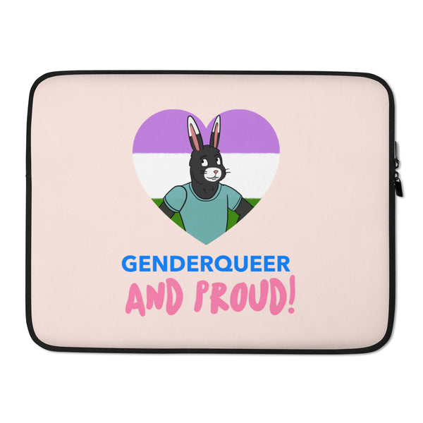 Front-facing beige laptop sleeve with a genderqueer-flag heart, cartoon rabbit, and “GENDERQUEER AND PROUD!” text