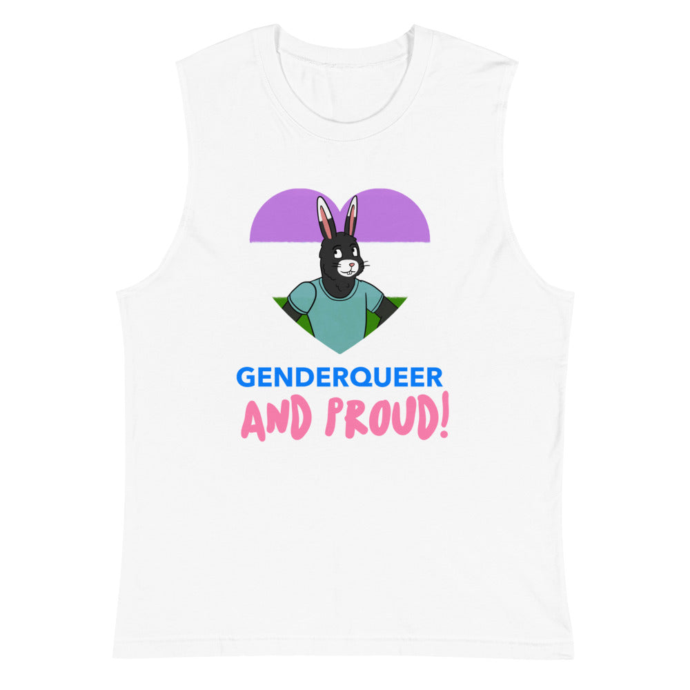 White muscle tank top reading “GENDERQUEER AND PROUD!” with a cartoon rabbit graphic