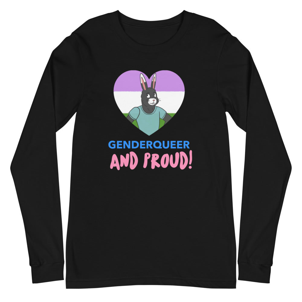 Black long-sleeve shirt with a genderqueer flag heart, bunny, and “GENDERQUEER AND PROUD!”