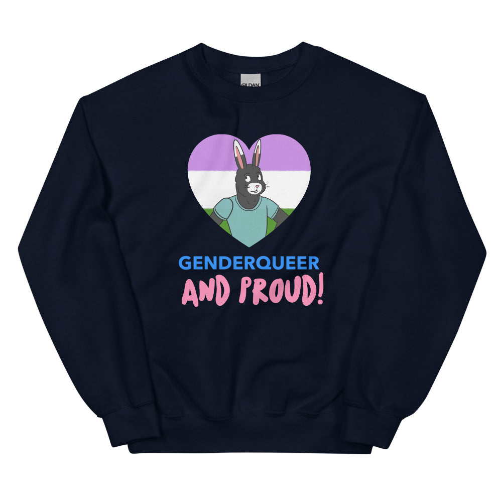 Navy sweatshirt with a genderqueer flag heart, rabbit illustration, and “GENDERQUEER AND PROUD!” text