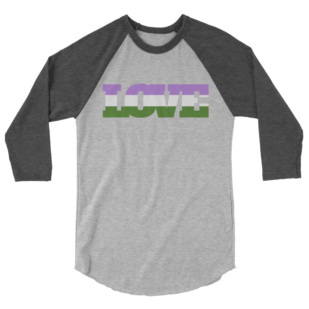 Front view of a gray raglan shirt with dark sleeves and LOVE lettering in purple, white, and green