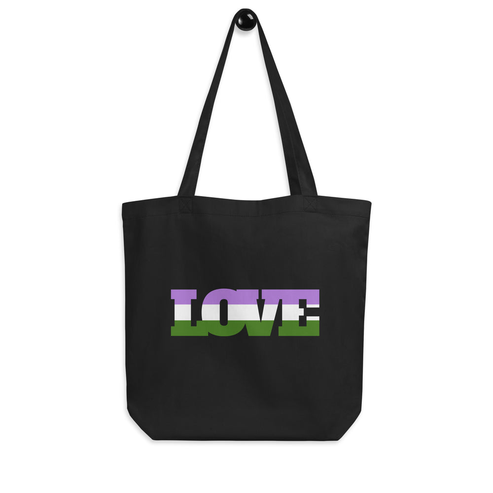 Black tote bag with long handles and large rainbow-striped “LOVE” lettering on the front