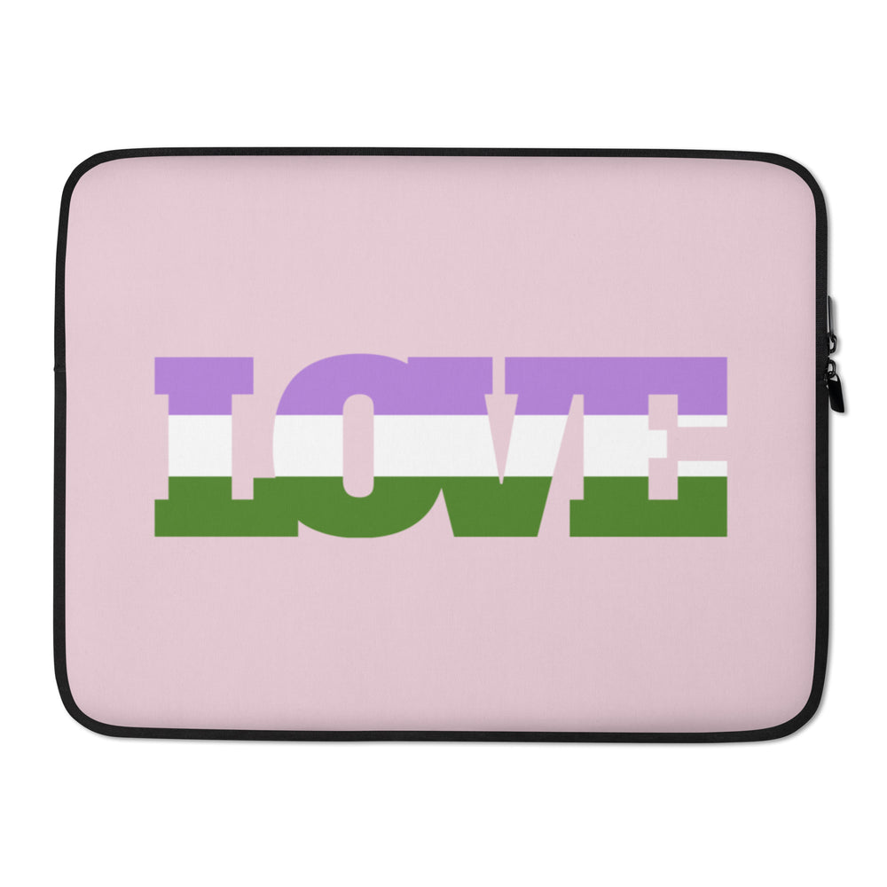Front view of a pink laptop sleeve with black trim and purple, white, and green stripes spelling “LOVE”
