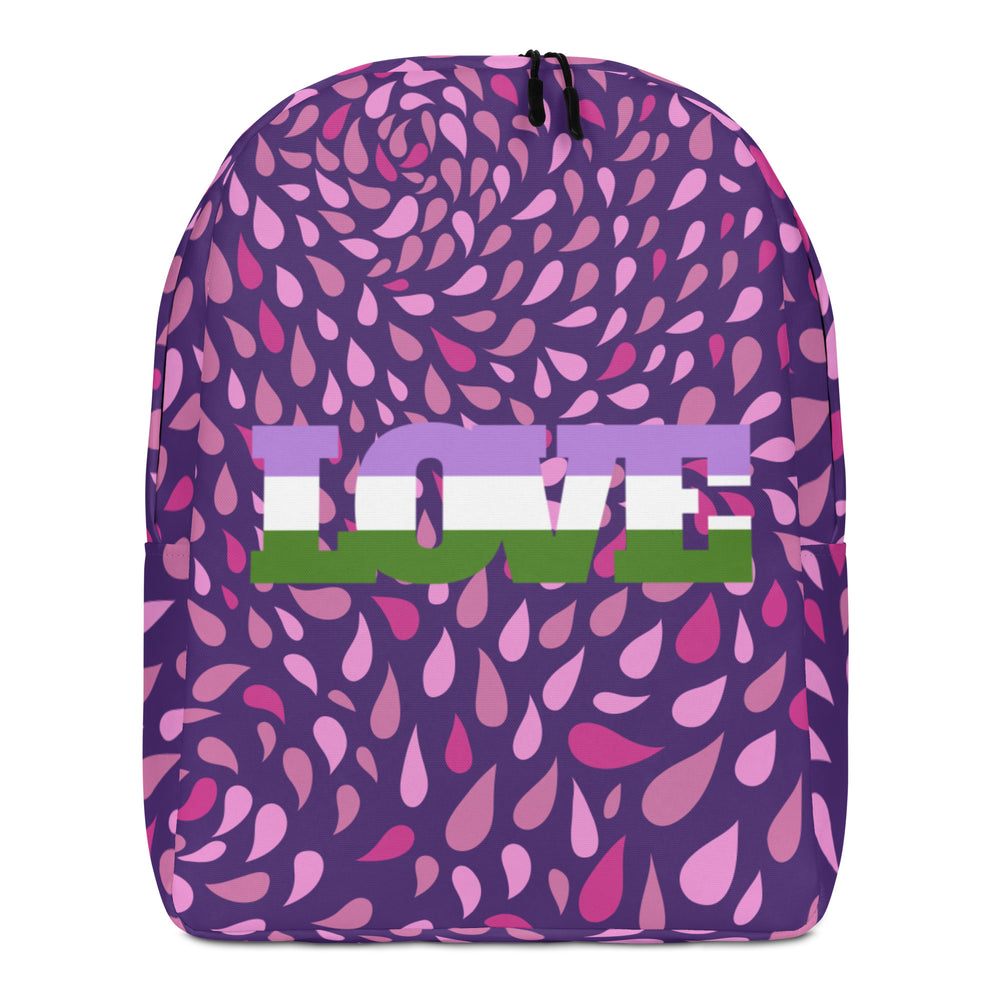 Purple patterned backpack, front-facing backpack; queer Pride backpack with “Genderqueer Love Minimalist” design