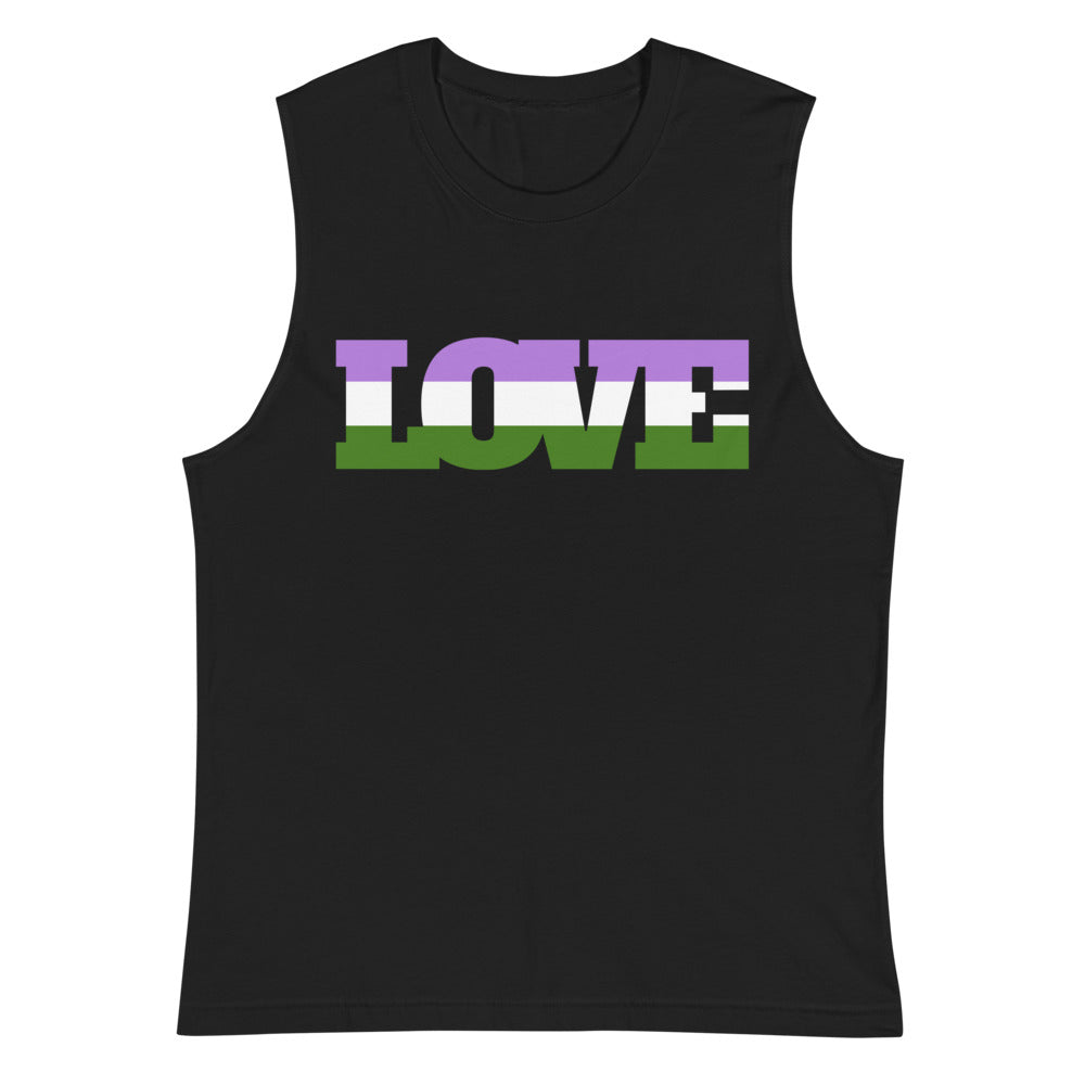 Front view of a black muscle tank top with “LOVE” in purple, white, and green stripes