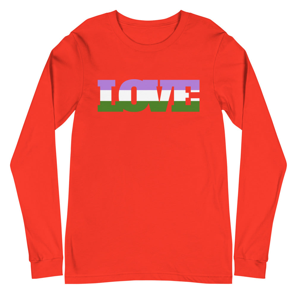 Red long-sleeve shirt laid flat with “LOVE” in genderqueer flag colors