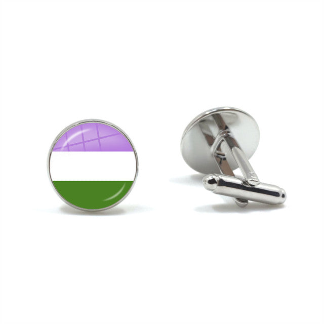 Round silver cufflinks, one showing purple, white, and green horizontal bands