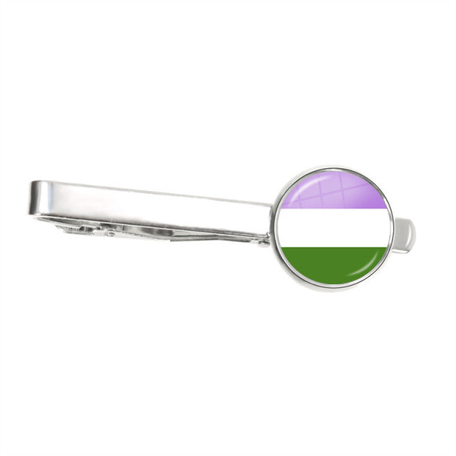 Silver tie clip with a round genderqueer pride flag emblem, shown on white