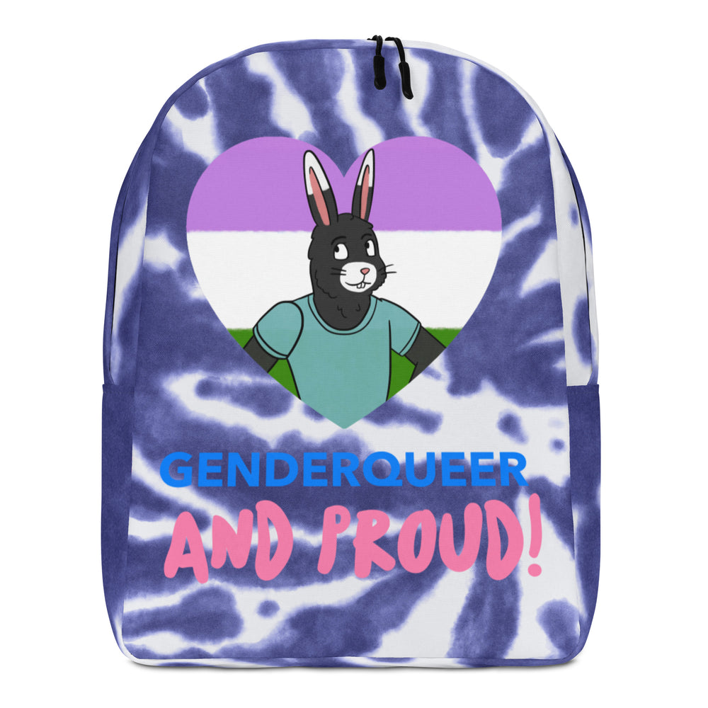 Front view of a purple tie-dye backpack reading “GENDERQUEER AND PROUD!” with a bunny graphic