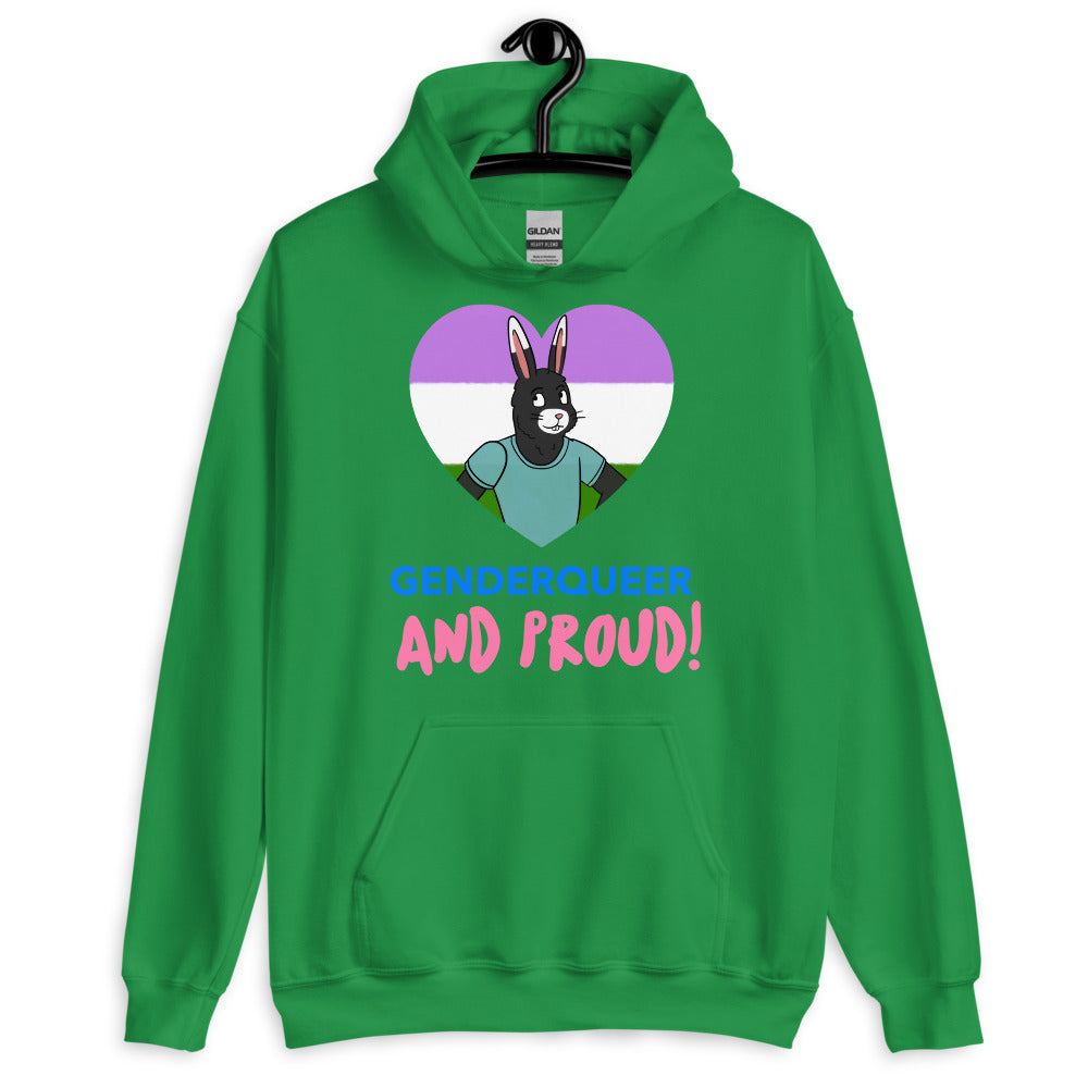 Front view of a green hoodie with a heart graphic, rabbit illustration, and “GENDERQUEER AND PROUD!” text