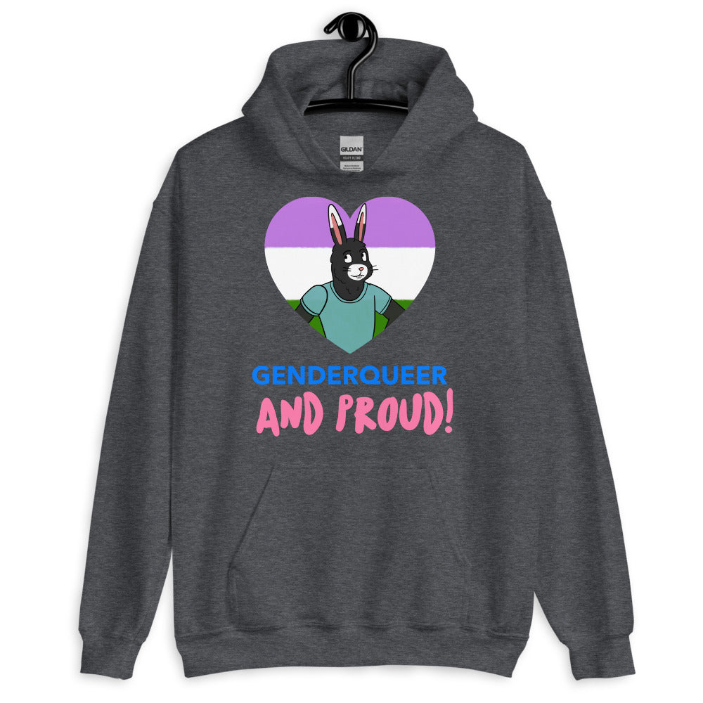 Front view of a dark gray hoodie with a genderqueer flag heart and bunny graphic