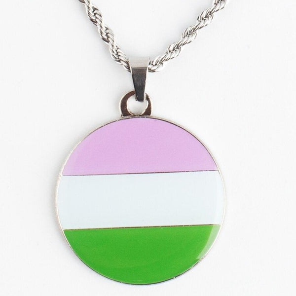 Genderqueer pride pendant necklace with pink, white, and green striped round charm
