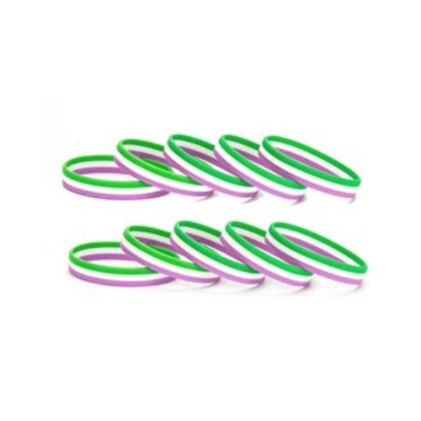 Set of five green, purple, and white genderqueer pride rubber wristbands