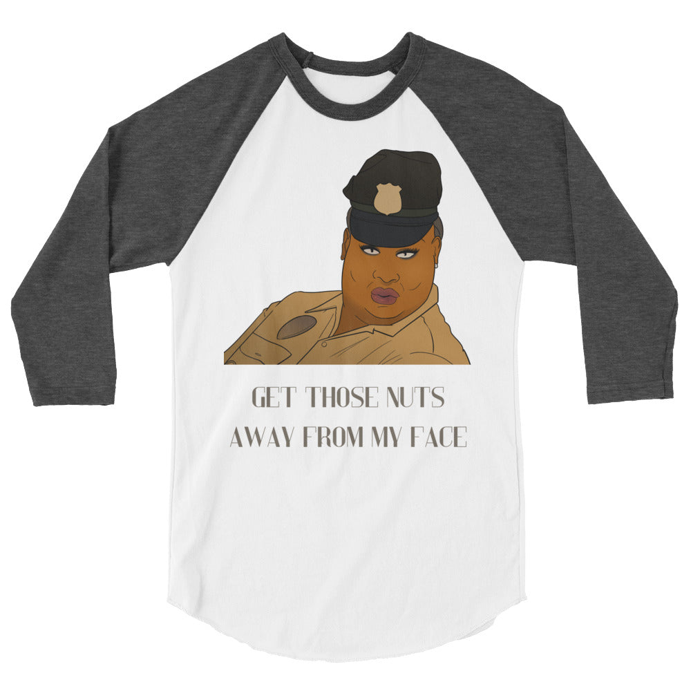 Front view of a white and charcoal raglan shirt with a police-themed portrait and slogan