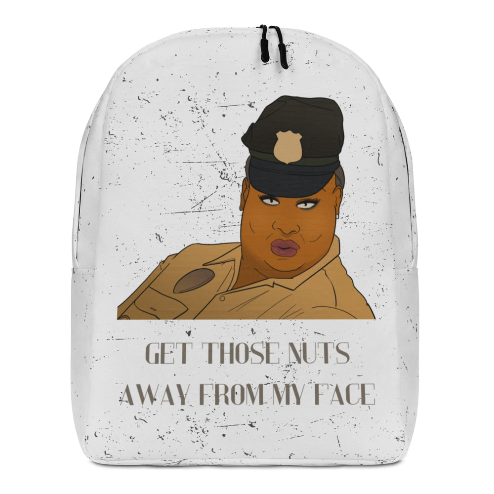 Front view of a white speckled backpack with a portrait and “GET THOSE NUTS AWAY FROM MY FACE”