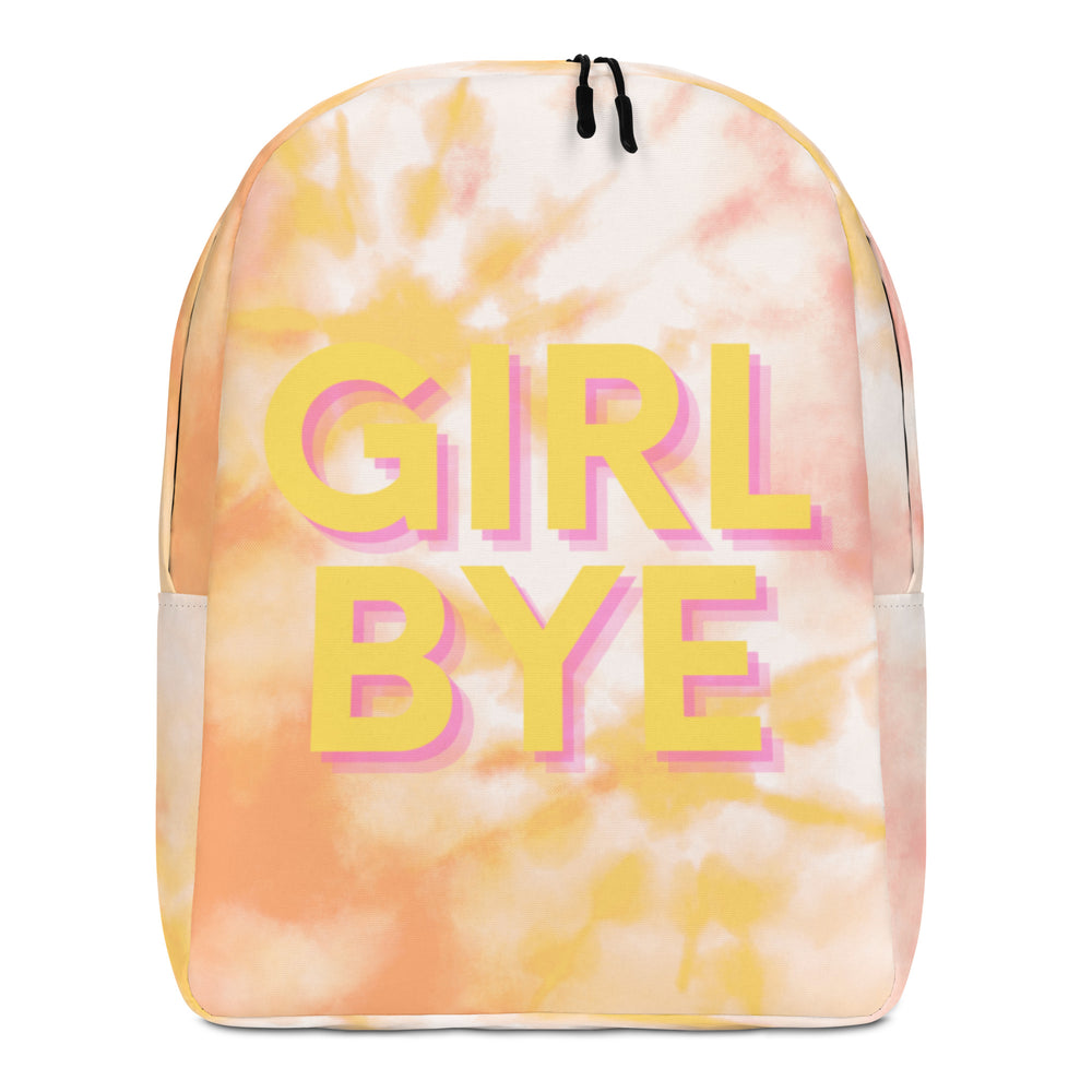 Front view of a pastel tie-dye backpack with large yellow and pink “GIRL BYE” lettering