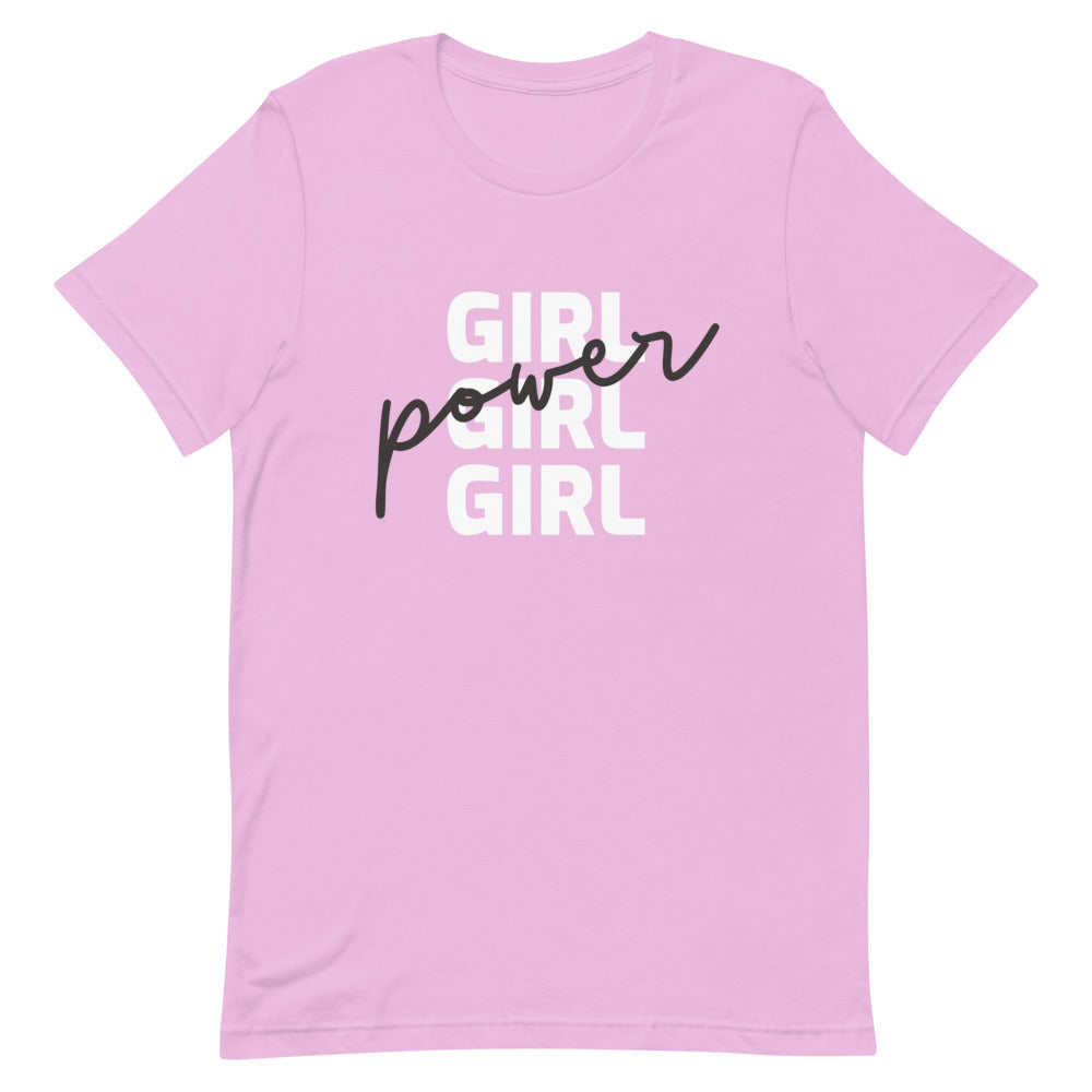 Pink T-shirt with stacked white “GIRL” lettering and black script reading “power”