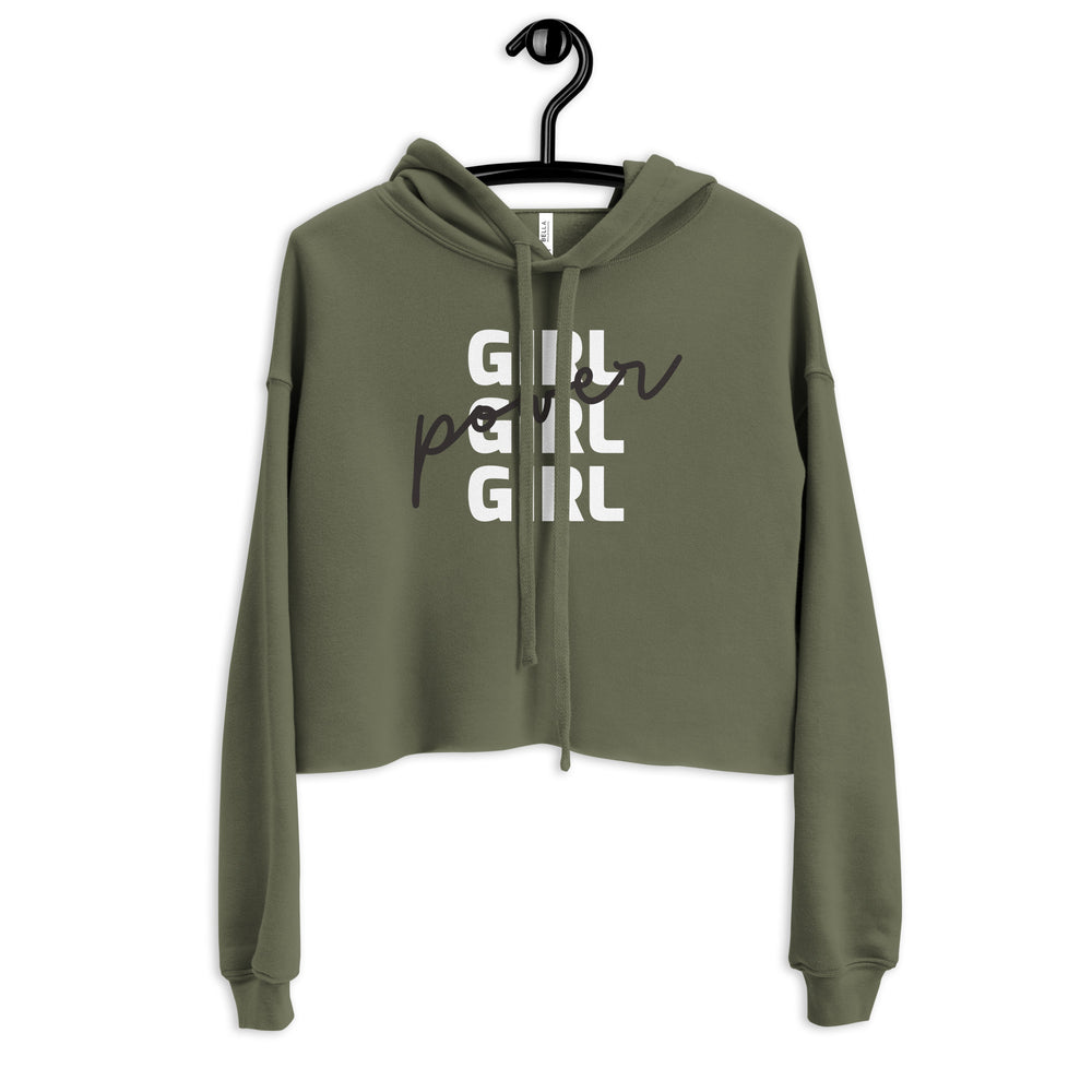 Front view of an olive-green cropped hoodie with white GIRL lettering and black cursive power text
