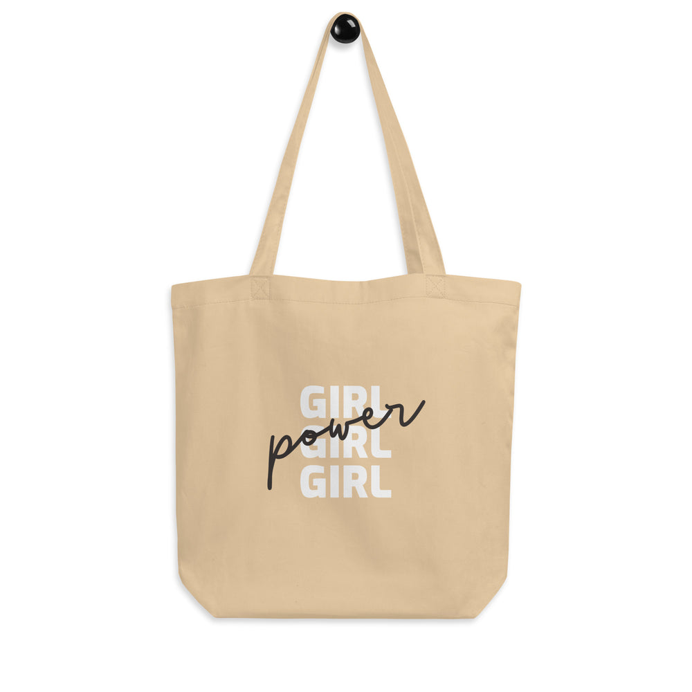 Front view of a natural canvas tote bag reading “GIRL POWER GIRL”