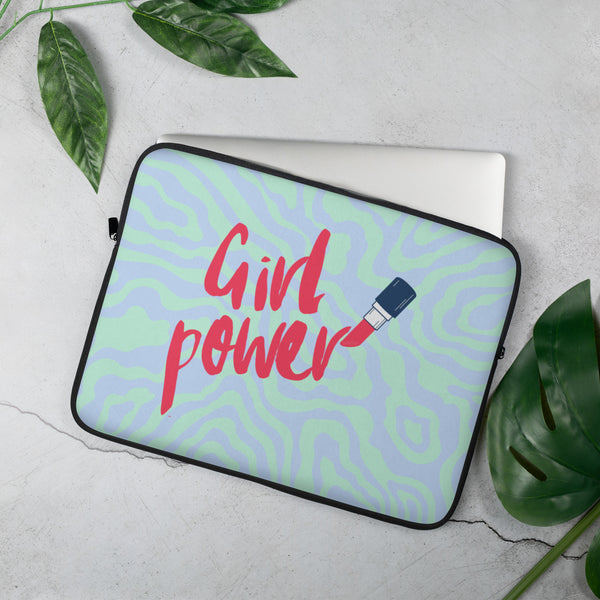 Angled laptop sleeve with red “Girl Power” lettering, lipstick graphic, and pastel wavy pattern