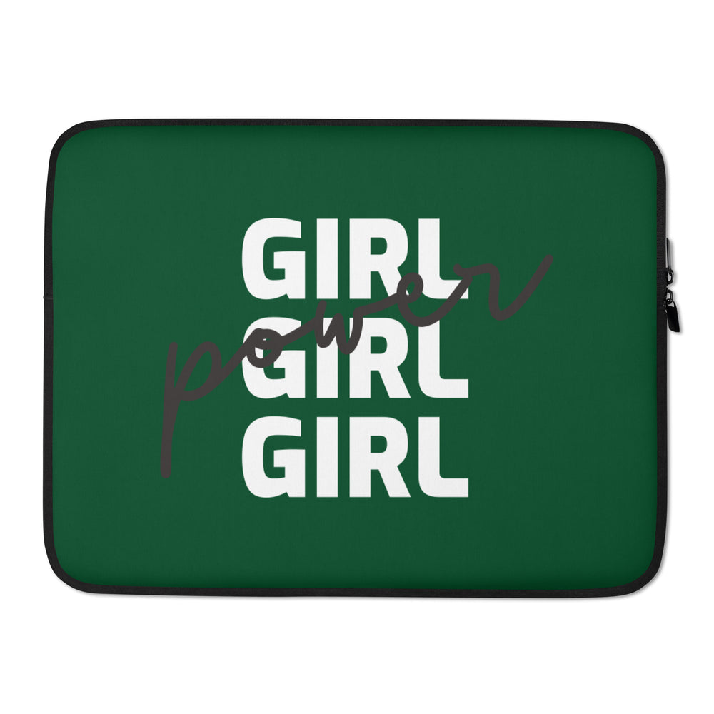 Front view of a dark green laptop sleeve reading “GIRL GIRL GIRL” in white with a dark script overlay