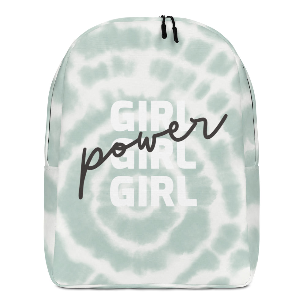 Front view of a mint tie-dye backpack reading “GIRL POWER GIRL” in white and black