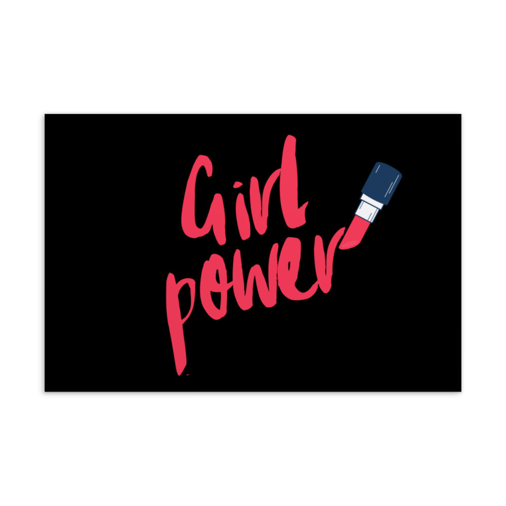 Girl Power postcard with pink lettering and a lipstick illustration on a black background