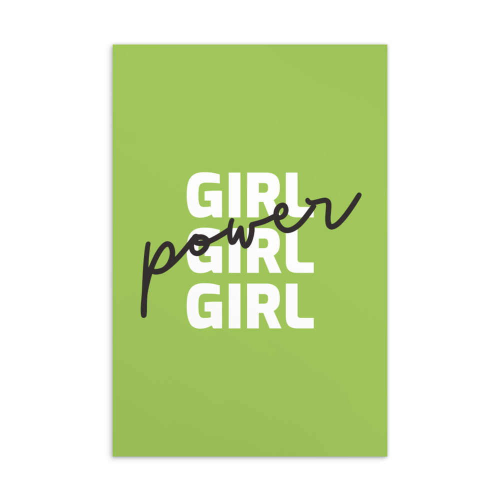 Green postcard reading “GIRL GIRL GIRL” in white block letters with black script overlay
