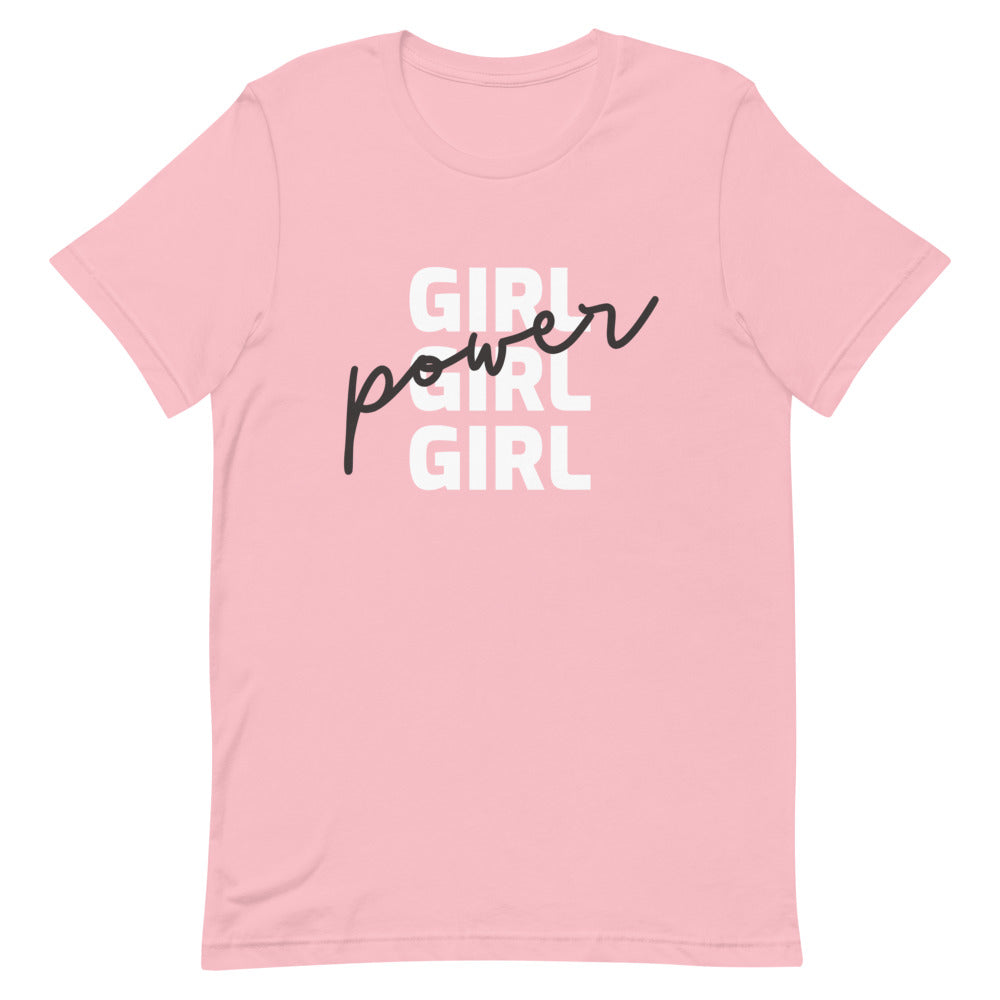 Pink T-shirt with white and black stacked “GIRL POWER” lettering