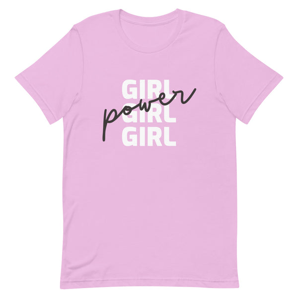 Pink T-shirt with stacked white “GIRL” lettering and black script reading “power”