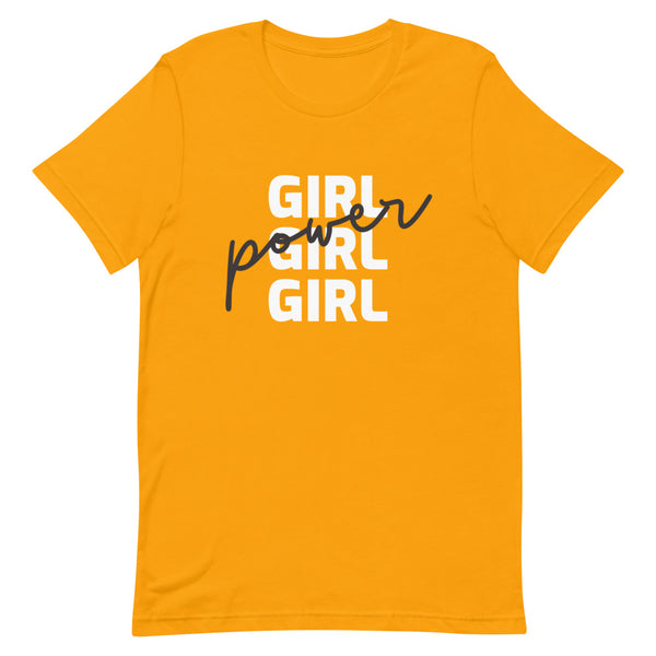 Orange T-shirt with layered white and black “GIRL GIRL GIRL” and “power” lettering