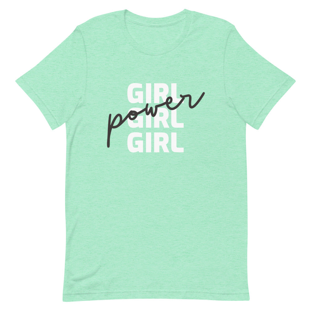 Mint green T-shirt with layered white and black “GIRL POWER” lettering