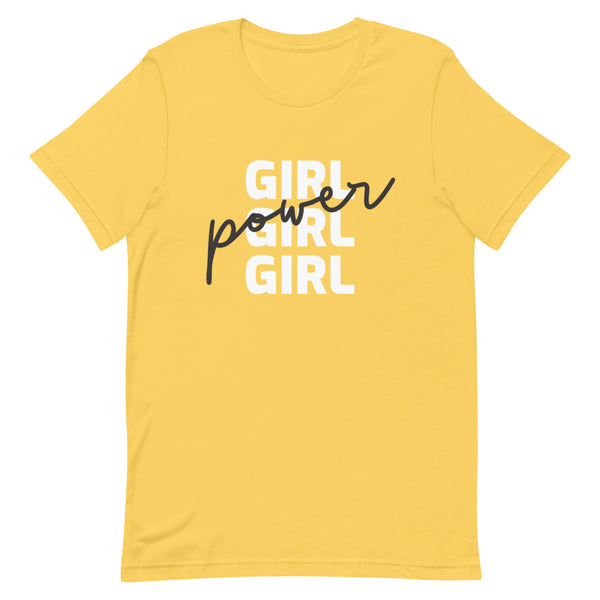 Yellow T-shirt with white “GIRL GIRL GIRL” print and black cursive “power” overlay