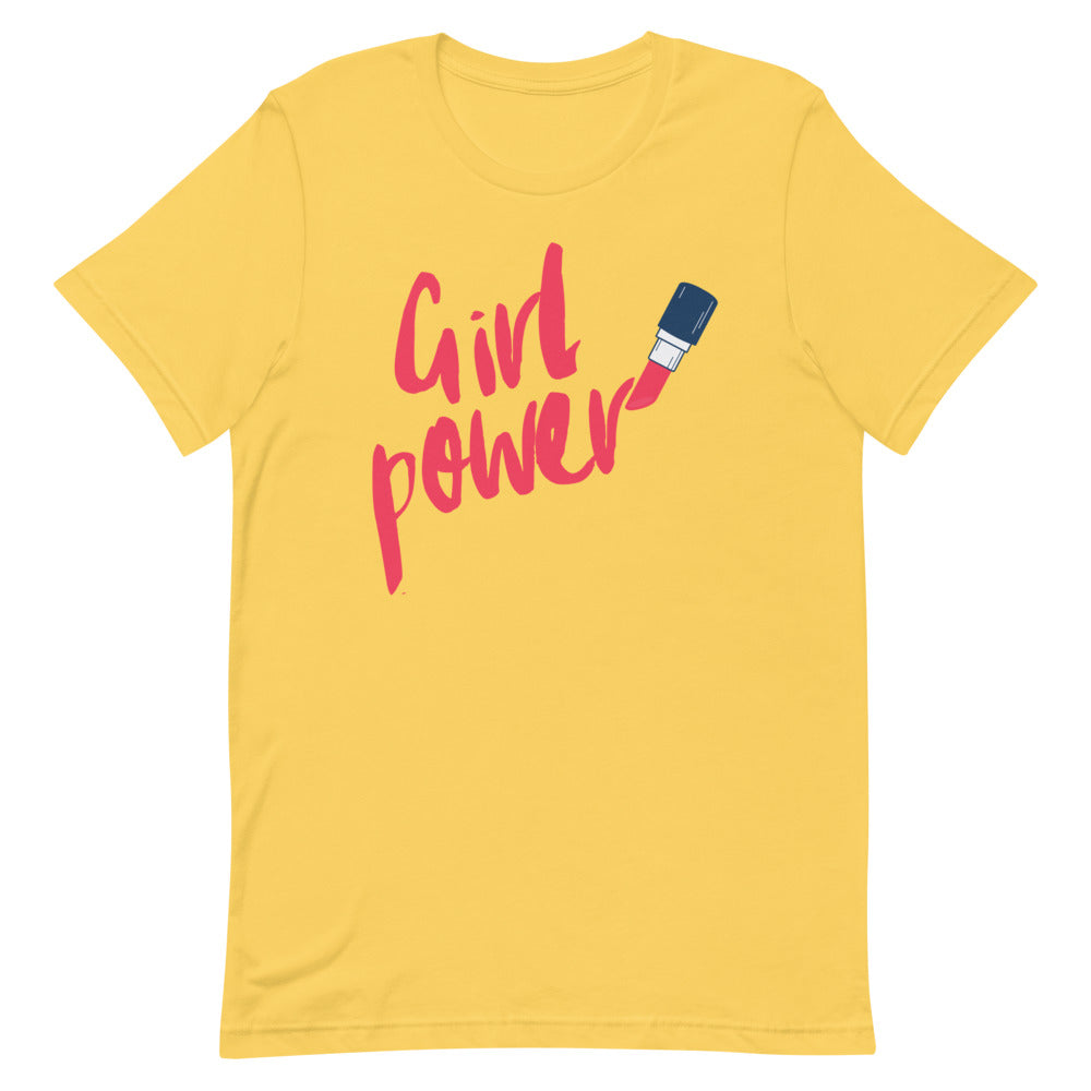 Yellow Girl Power T-shirt with pink lettering and a lipstick graphic, shown flat on white