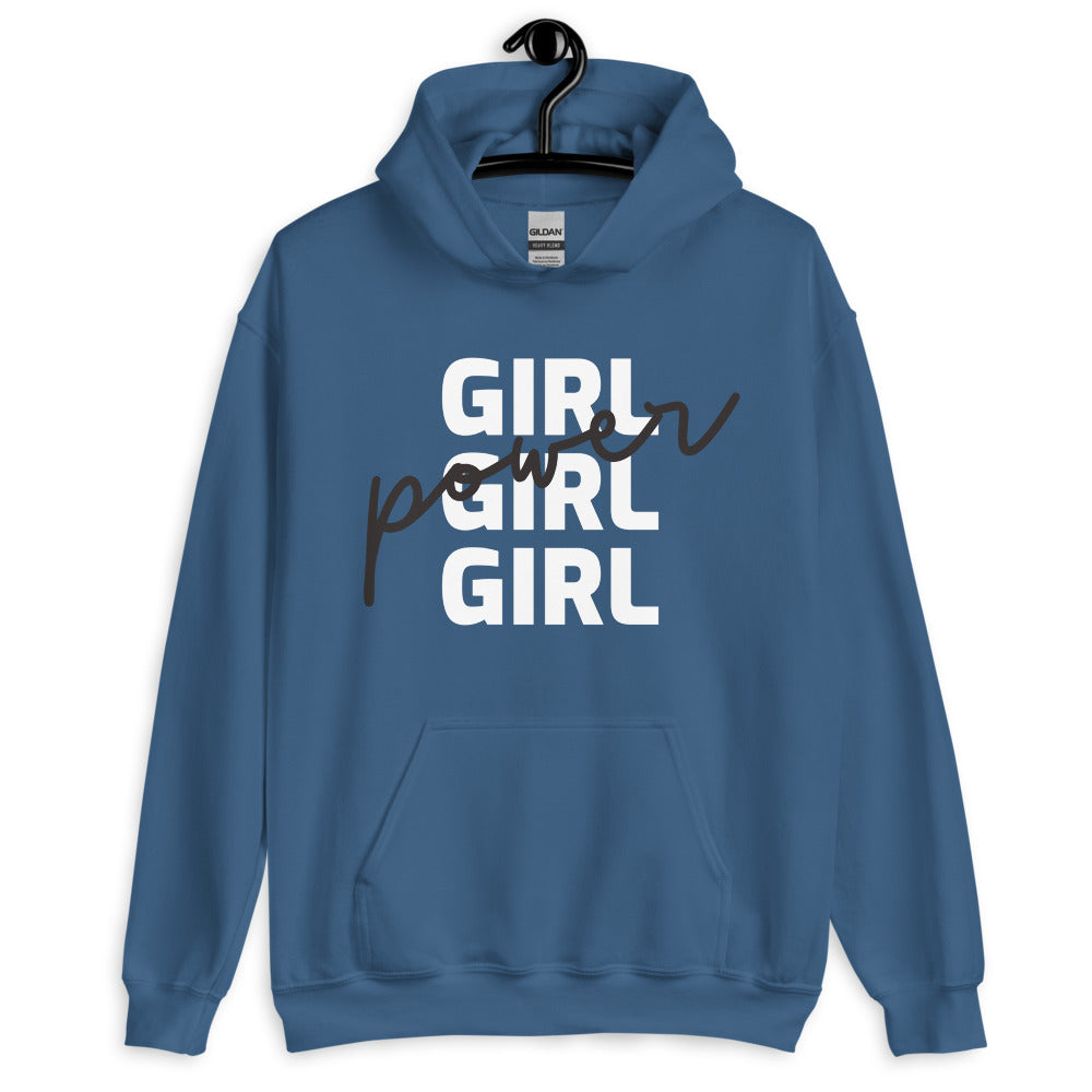 Front-view blue pullover hoodie on a hanger with stacked GIRL lettering and script power