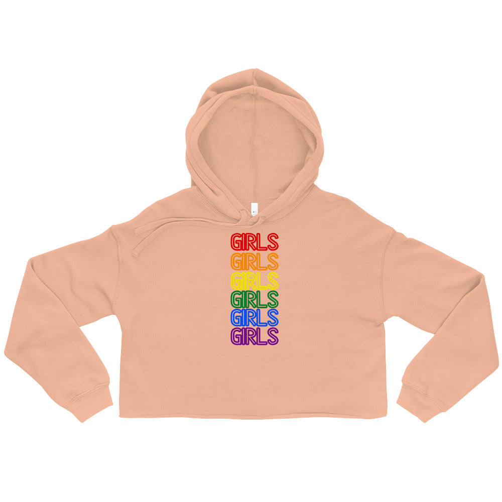 Peach cropped hoodie with six stacked rainbow-outlined “GIRLS” words on the front