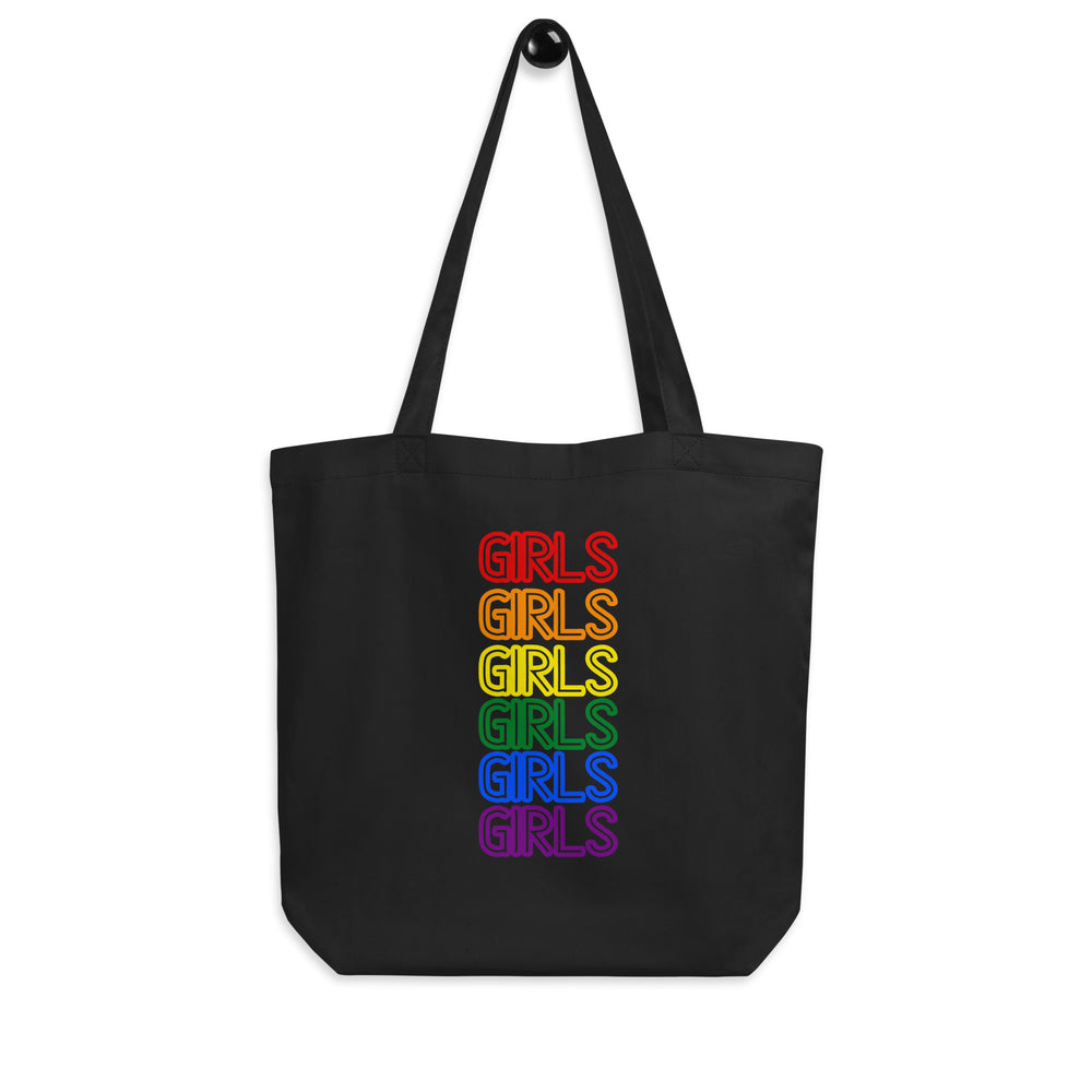 Front view of a black tote bag with “GIRLS” repeated six times in rainbow colors